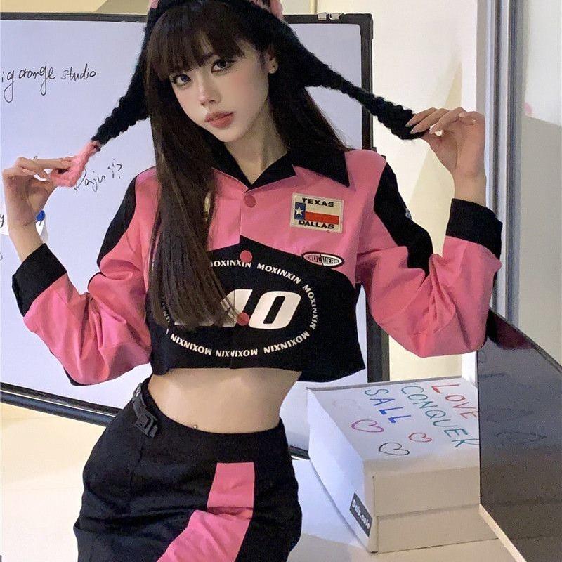 Y2k Cropped Racing Jacket Women Vintage Streetwear Korean Fashion Short Motorcycle Jackets Biker Coats Kpop Bomber Tops
