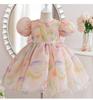 Платье для девочек Летнее Новое Корейское Принцесса Сетка Жемчуг Круглый Вырез Большой Бант Рукав-пузырь Пышное Платье Детская Одежда для Девочек