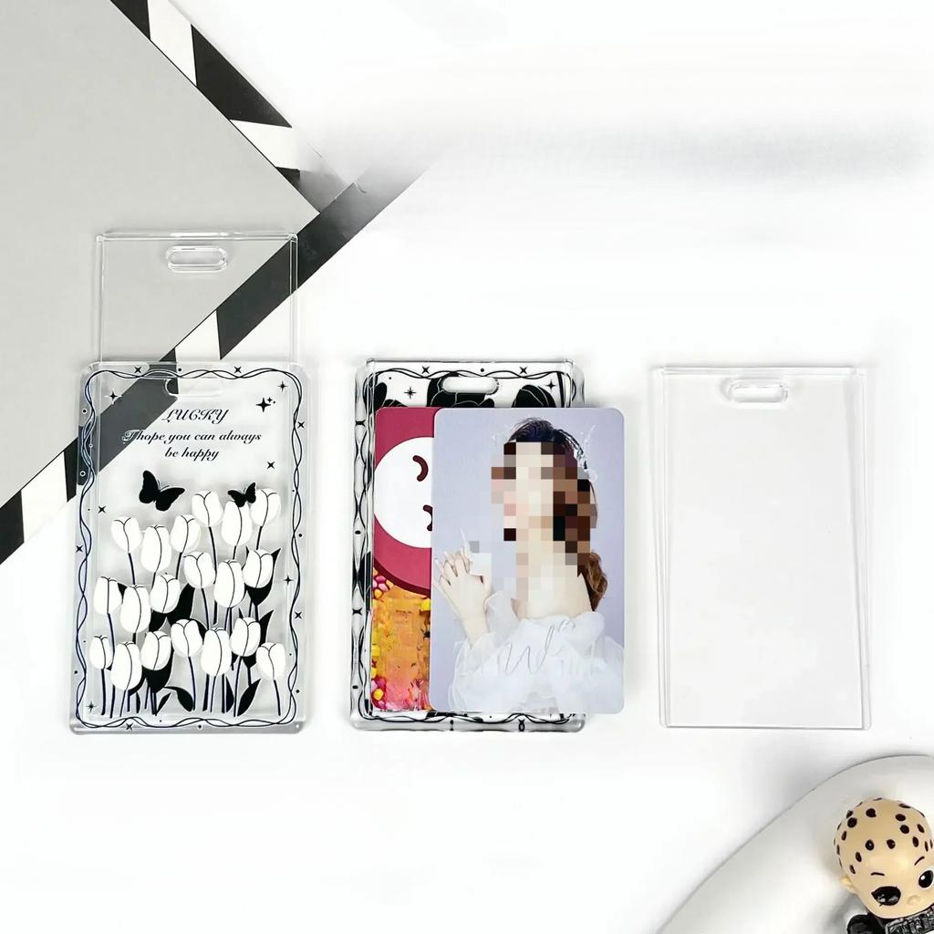 Чехол для карт с черным цветком, прозрачный держатель для студенческой карты, чехол для карты контроля доступа, чехол для карты на пружине, держатель для удостоверения личности