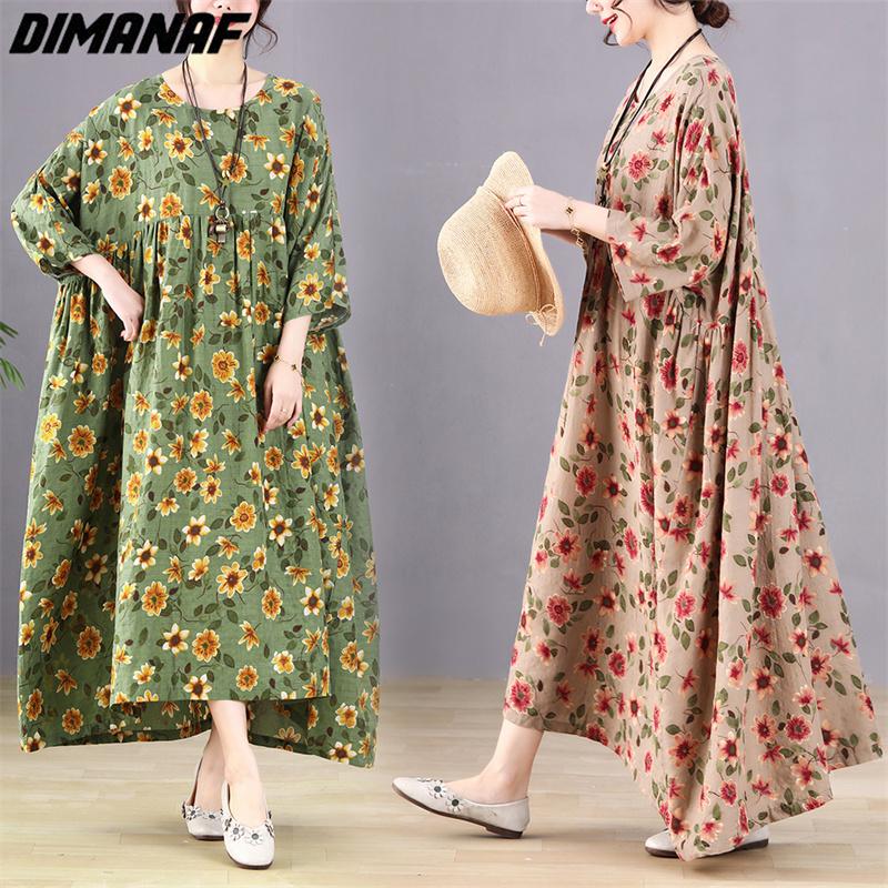 Dimanaf Женское платье больших размеров, новинка 2023 года, летнее стильное платье, свободное платье с длинным рукавом и круглым вырезом с цветочным принтом, зеленые льняные базовые платья