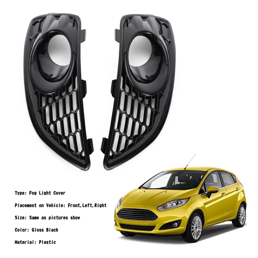 Areyourshop Pair Grille Gloss Black Front Fog Light Lamp Cover Fit Ford Fiesta 2013-2017