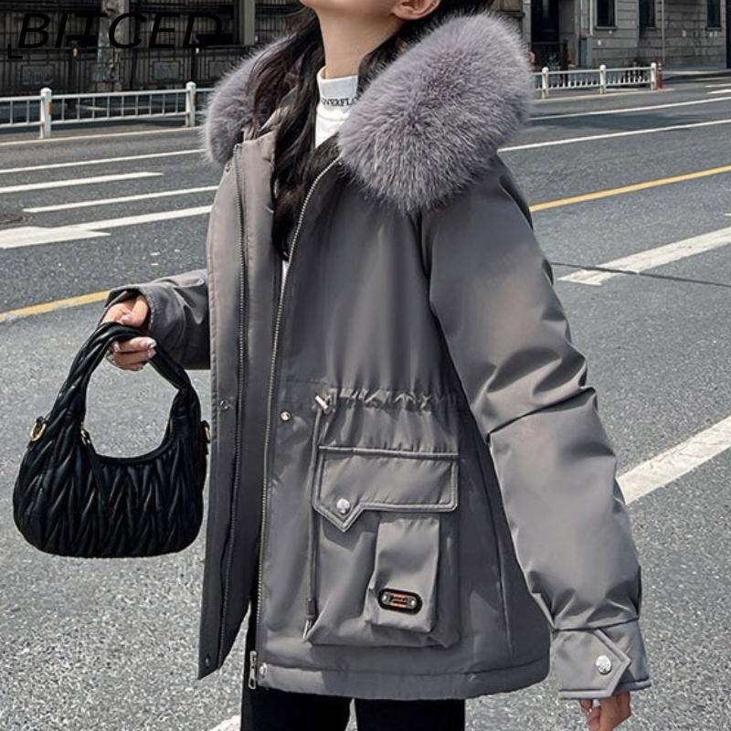 BITCED Winter Thickened Puffer Coat for Women with Waist-cinching, Slimming Fit, Hood and Large Fur Collar for Warmth
