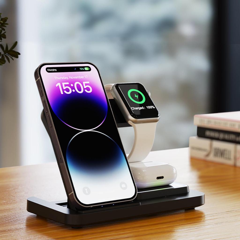 Быстрая беспроводная зарядка 15 Вт 3-в-1 для Apple Watch, наушников и телефона