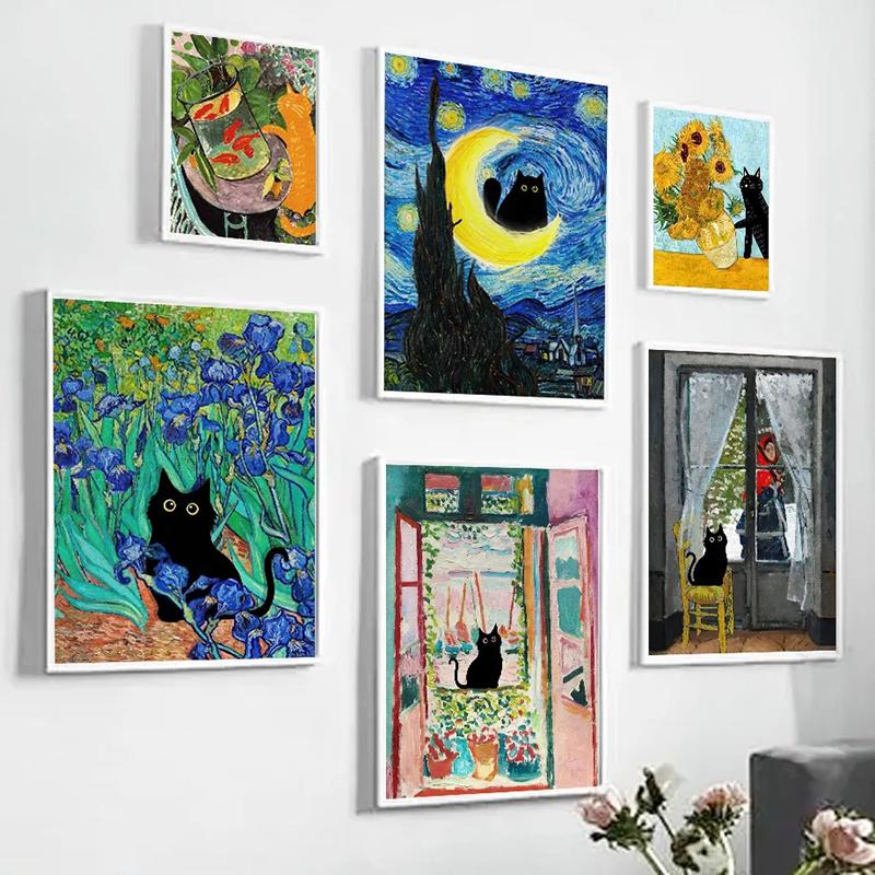 Funny Art Matisse Monet Black Cat Van Gogh Sunflowers Canvas Posters and Prints Wall Pictures for Living Room Decor