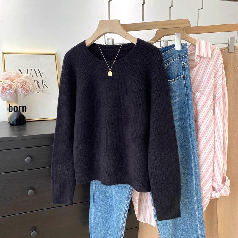 Женский трикотаж с рукавами реглан и круглым вырезом - Свитер для многослойности Осень/Зима 2025, Топ в ленивом стиле