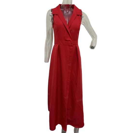 Летнее женское платье трапециевидной формы с глубоким V-образным вырезом и лацканами без рукавов, с большим подолом, плиссированными боковыми карманами, чистый цвет, официальное платье миди для делового офиса