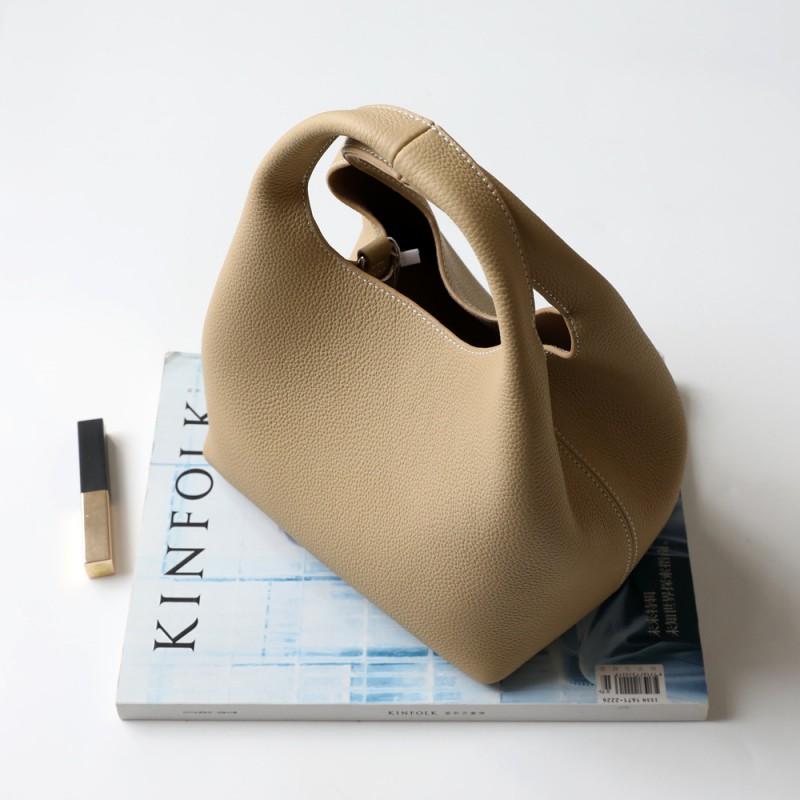 Genuine Leather Bucket Bag Women Soft Top-Grain Cowhide Shoulder Handbag Multi-Color Stitched Design Urban Chic Daily Use