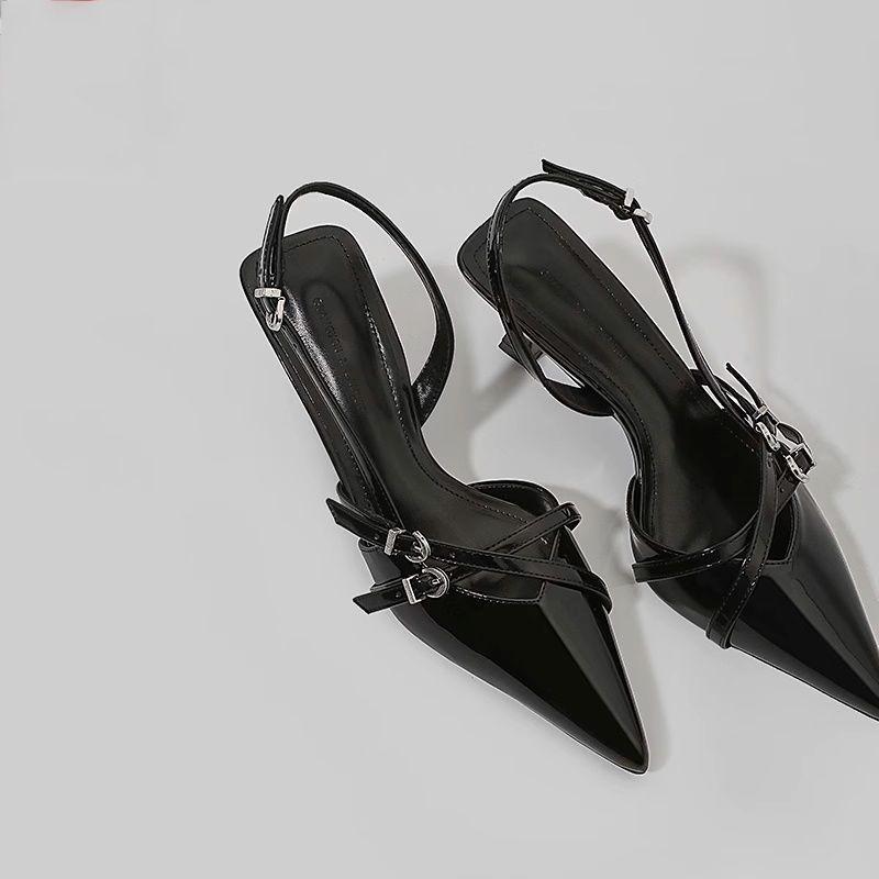 Rivet Fashion Pointed Back Empty Stiletto Single Shoes Women's Summer Pointed High Heels Patent Leather Bag Head Word with Sandals 2025