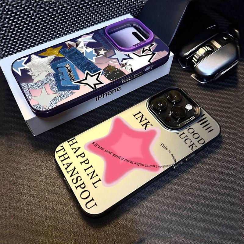 Cool Pink Five-Pointed Star Phone Case For IPhone 16 15 14 13 12 11 Pro Max Laser Hard Shockproof Cover Case Funda Bumber