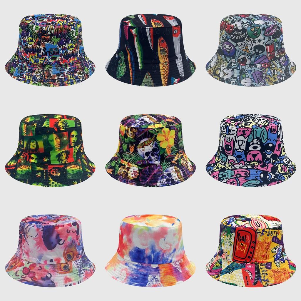 Tie Dye Fisherman Hat Uv Protection Assorted Colors Print Butterfly Cat Cap Leaf