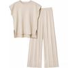 Women's Casual Short Sleeve Top with Wide Leg Pants Set, Light Beige, Loose Fit, Side Slit Hem, Vertical Pleated Trousers