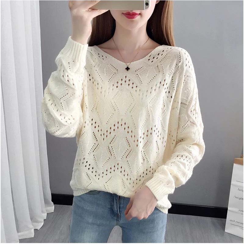 Hollow Knit Sweater Thin Women's Loose Pullover Sweet Outer Bottomed Blouse College Girl Style Hand Knitting