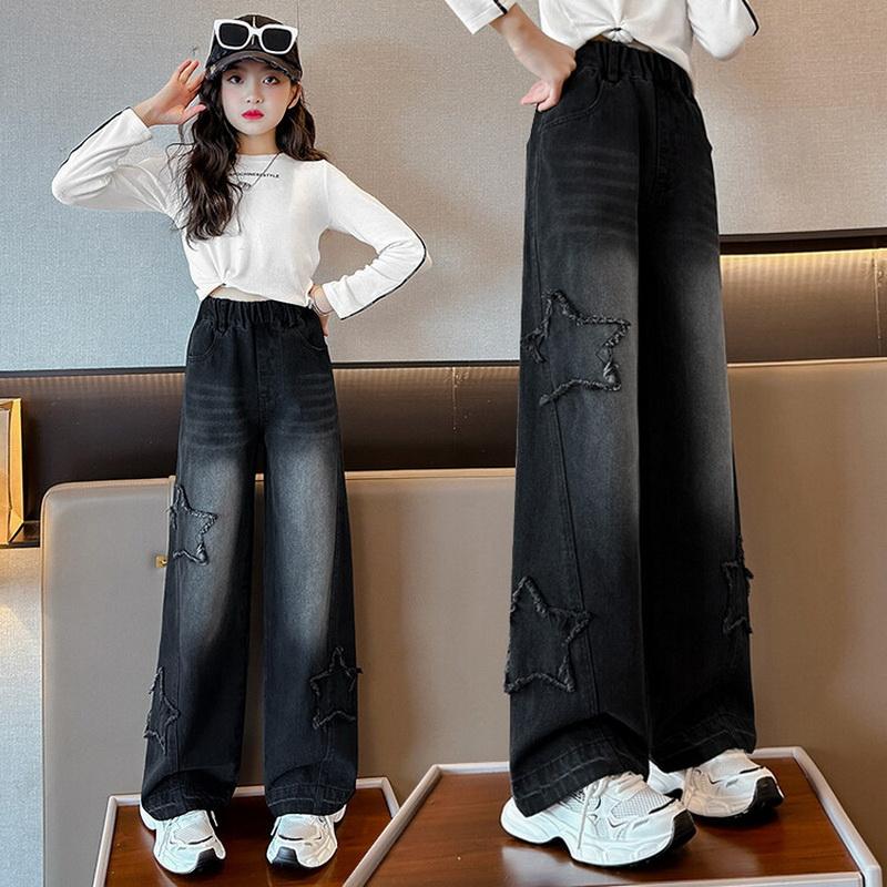 Teenage Girl Retro High Waisted Wide Leg Straight Jeans With Star Pattern For Kids Baby New Causal Denim Pants Girl Trousers