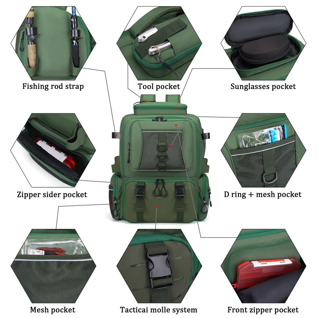 WANOON Fishing Backpack with Rod Waterproof Fishing Tackle Backpack with Hidden Shoulder Strap Holders,