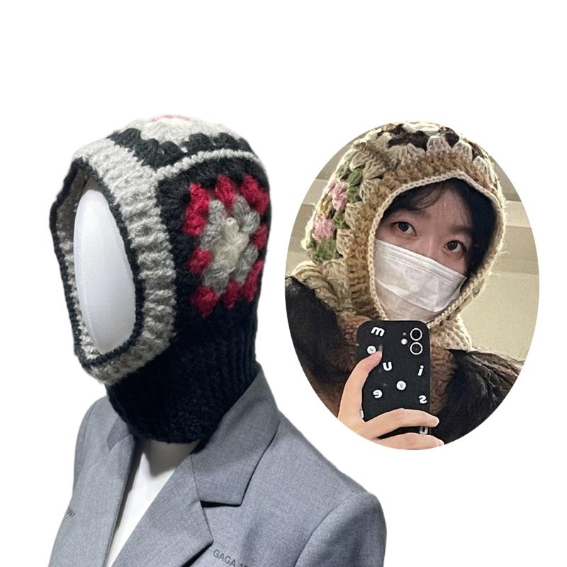 Вязаная балаклава с цветочным узором для студентов, взрослых, ветрозащитная зимняя шапка, шапка для защиты шеи, подростковая шапка для тепла, шапка для велоспорта