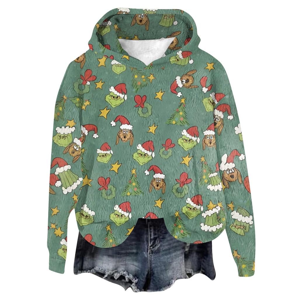 Women's Hooded Long Sleeve Christmas Printed Flannel Top Hooded Sweatshirt