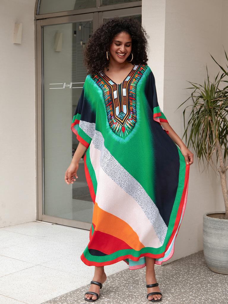 Printed Beach Dresses Viscose Kaftans for Women Summer Plus Size Loose Robe Holiday Living Room Bathing Suits