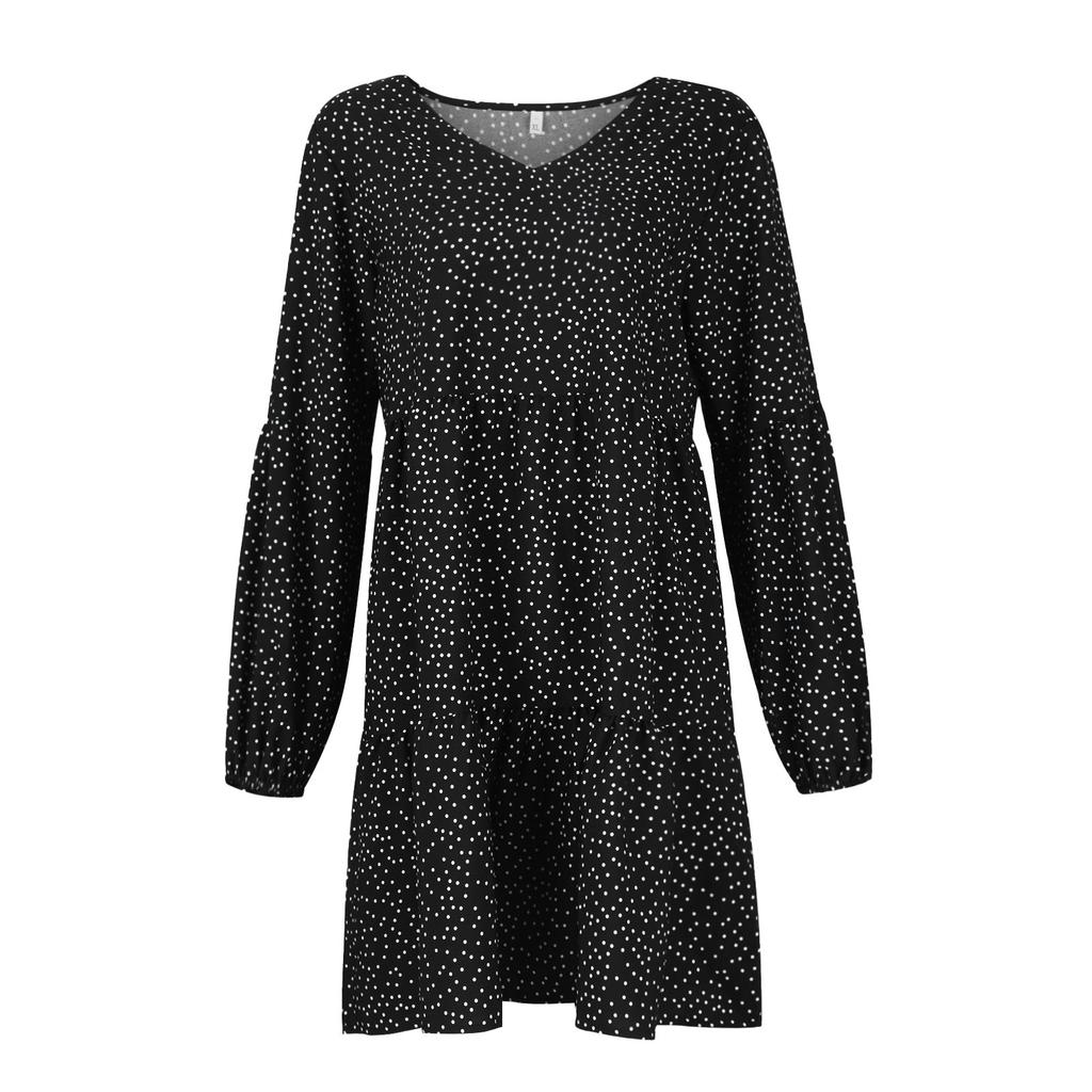 Women's Fashion V-Neck Loose Ruffle Pleated Swing Polka Dot Printed Chiffon Dresses