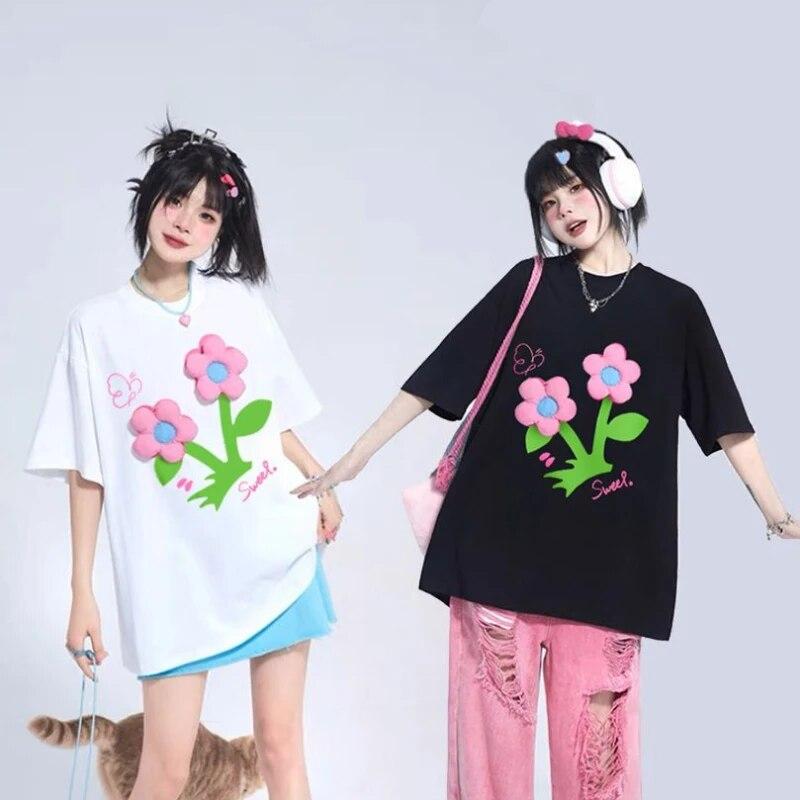 Летняя женская футболка с 3D цветочным дизайном, милая женская футболка с забавным принтом, свободная футболка с короткими рукавами и круглым вырезом