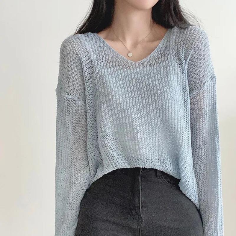 V-neck Fashion Loose Pullover Knitted Sweater Thin Sunscreen Blouse Women Long Sleeve Cover Up 2025 New Elegant Solid Knitwear Korean Solid Color Top