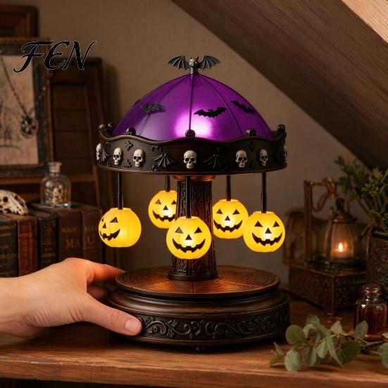 Creepy Halloween Table Light Ghost Carousel Light, Night Gothic Stained Glass Shade Witchy Room Decor with Floating Ghosts/Pumpkins, Spooky