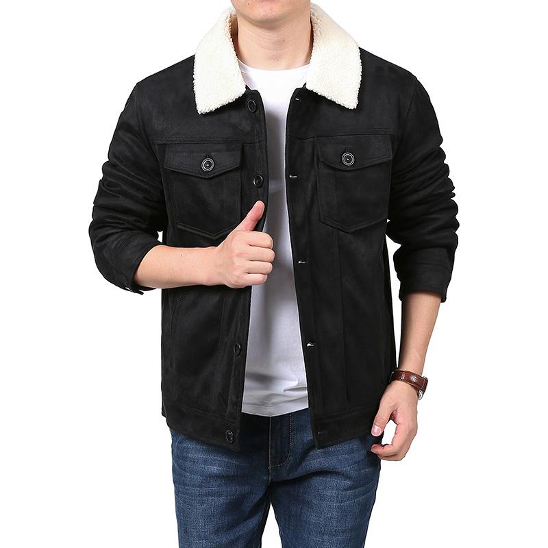 Winter Fleece Jacket Men'S Suede Jacket Men'S Retro Hong Kong Style Tooling Lapel Thermal Top Tide