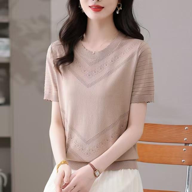 Летняя женская трикотажная футболка с круглым вырезом и ажурными вставками из ледяного шелка, с короткими рукавами, свободный топ