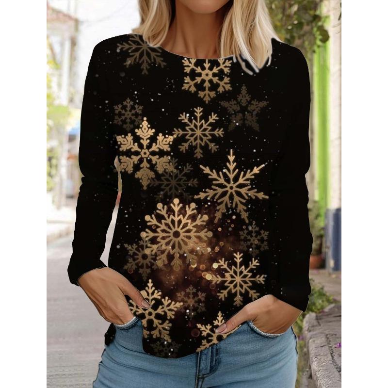 Рождественская снежинка женская футболка с длинными рукавами и круглым вырезом осенняя новая модная одежда с изображением лося праздничная модная футболка для вечеринок топы