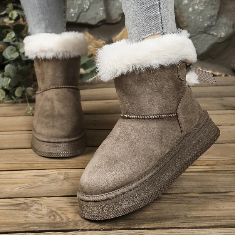 Sweet Bowknot Decoration Suede Snow Boots Women 2025 Soft Thick Bottom Ankle Boots Women Warm Faux Fur Non Slip Winter Shoes