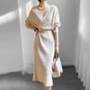 GMXIA Slim-fit V-neck Wrap Hip Dress Women's Long-sleeved Style Waist Knit Dress