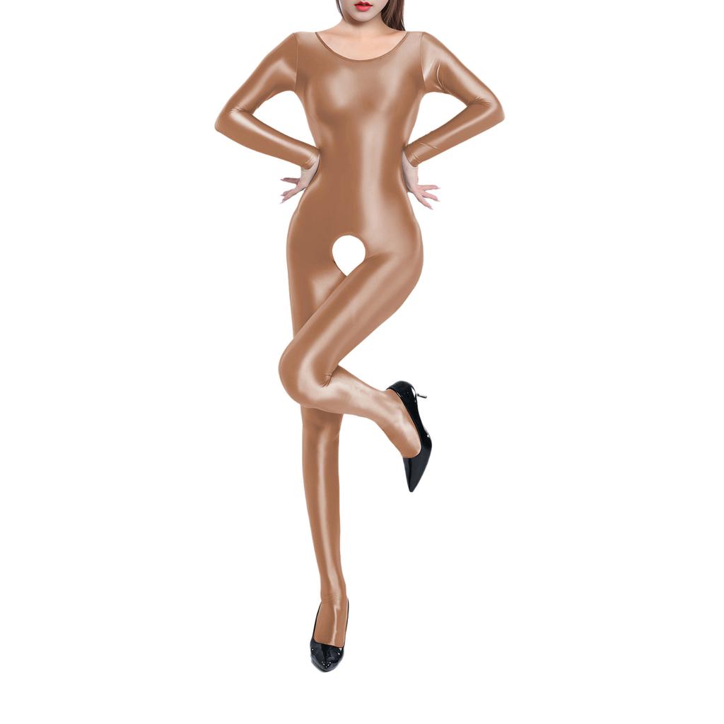 Женский блестящий комбинезон-боди с глубоким вырезом, длинным рукавом и полной длиной
