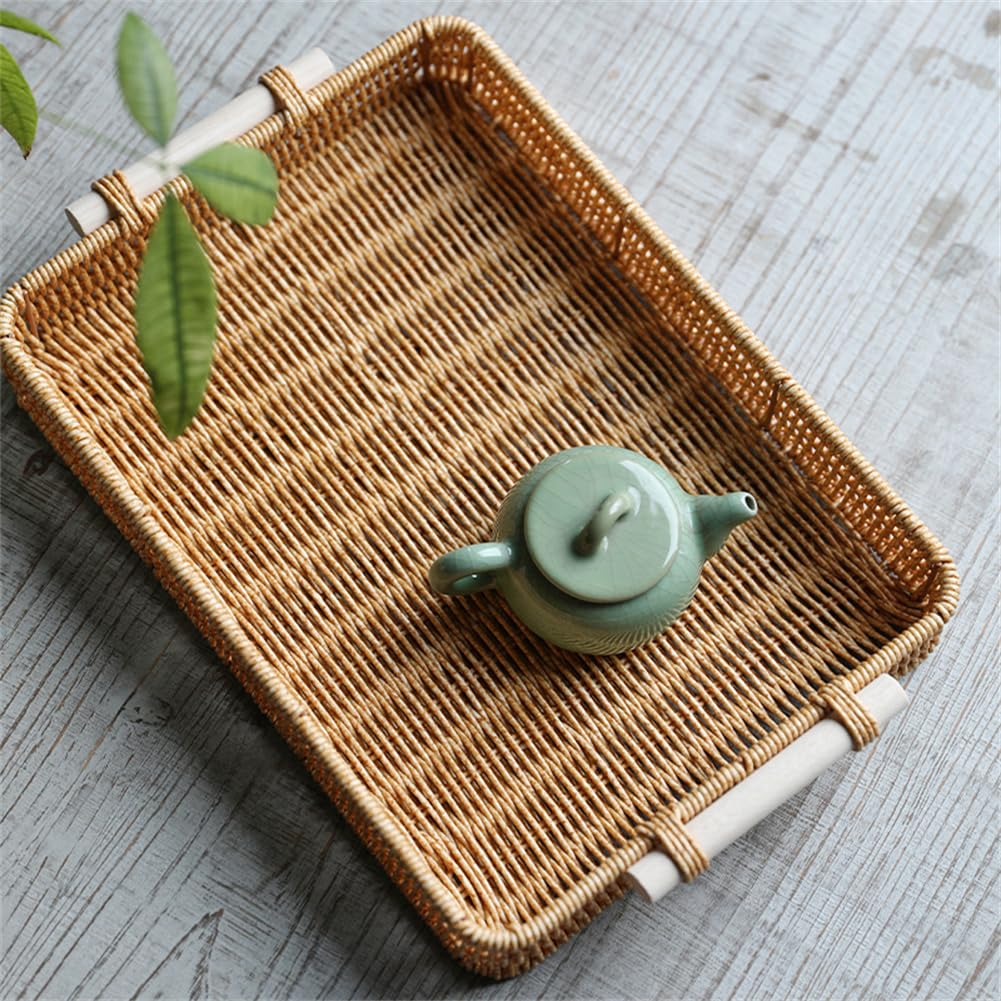 [TAITENG] Плетеная корзина для хранения из ротанга с ручкой, поднос, для хранения мелких предметов, закусок, фруктов, настольное хранение, маленький органайзер, моющаяся, желтая