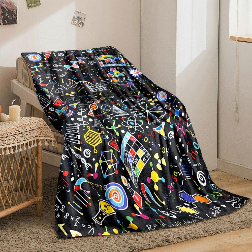 Colorful scientific doodles with molecules, formulas, and laboratory tools. for all seasons blanket lunch break throw gift