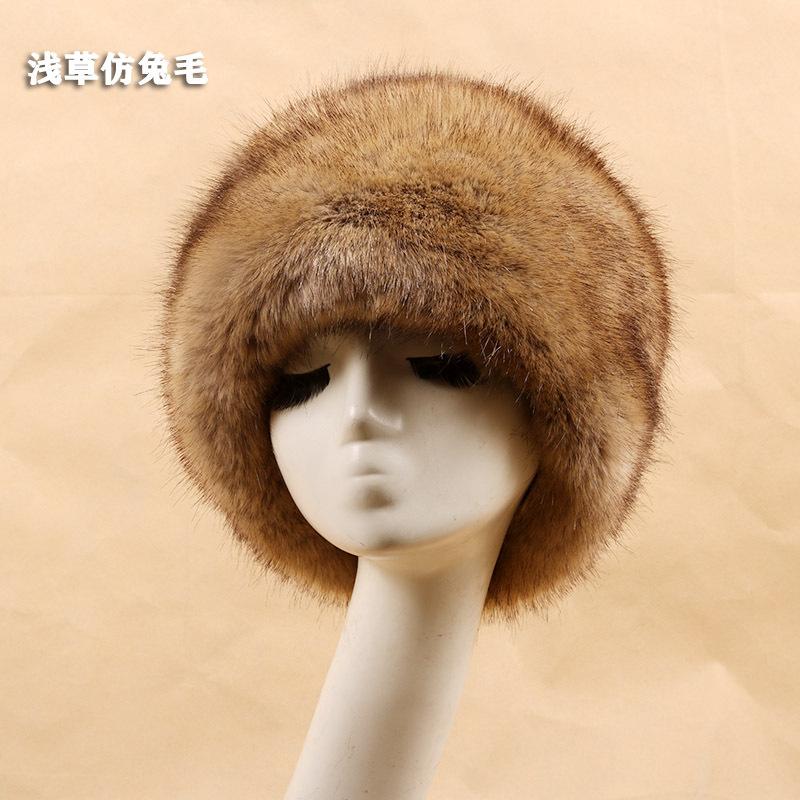 Imitation fox fur round flat top imitation fur hat thickened autumn and winter fluff Russian Mongolian hat thermal ear protection hat