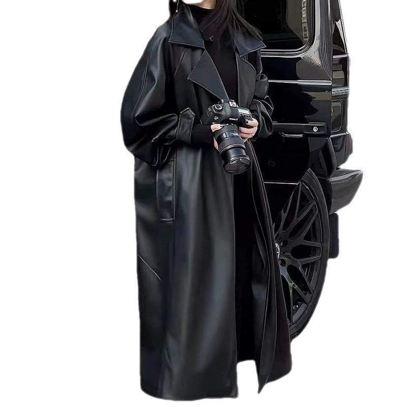 Осенне-зимний темперамент, длинная куртка выше колена из искусственной кожи, женская свободная мотоциклетная куртка, ветровка