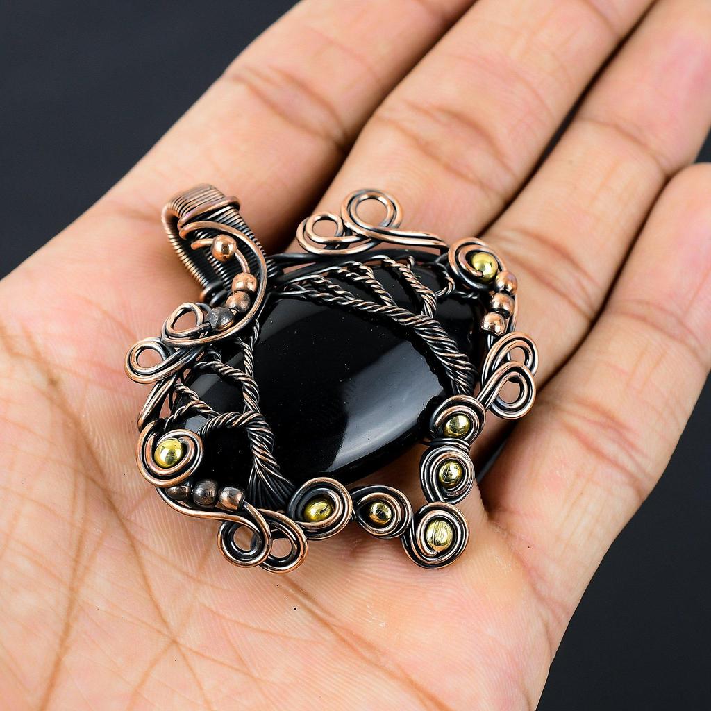 Великолепное Древо Жизни, черный оникс, драгоценный камень, чистая медная проволока, обернутая подвеской ручной работы, ювелирные изделия