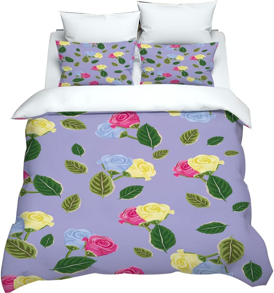 Girls Cartoon Flowers and Leaves Duvet Cover set, Cute Comforter Cover Girly Tropical Plant Summer Bedding Set For Kids Children