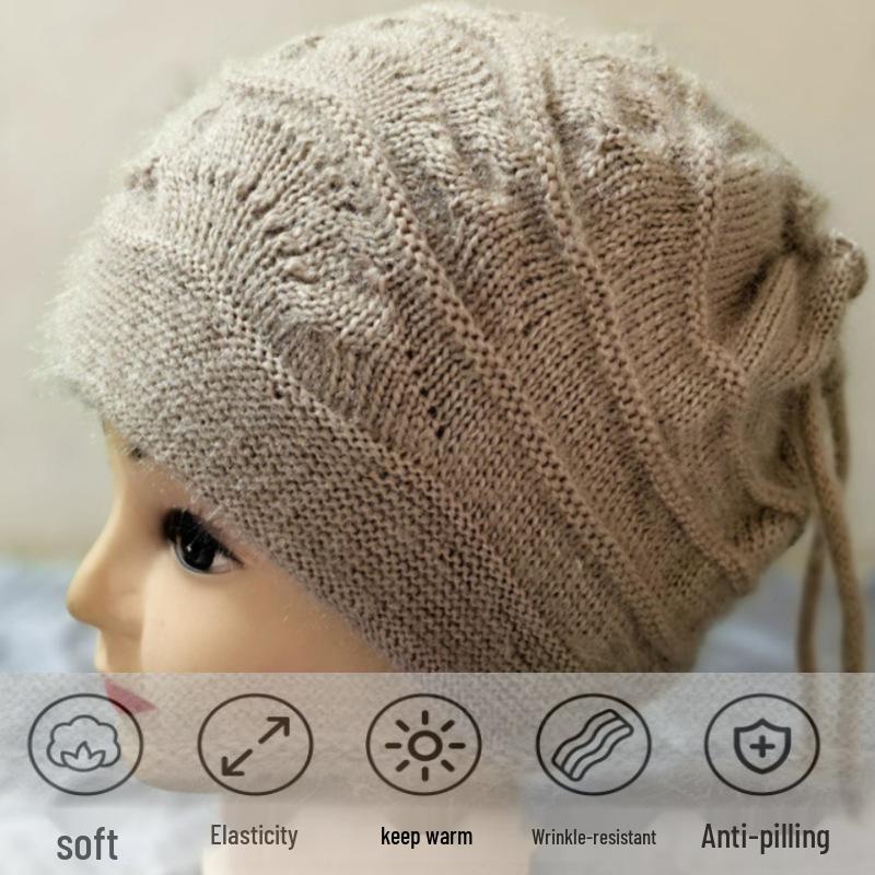 Women's Slouchy Knit Hat & Neck Warmer: Cozy Autumn/Winter Baotou Style, Large Head Fit, Face-Slimming Drawstring Design.