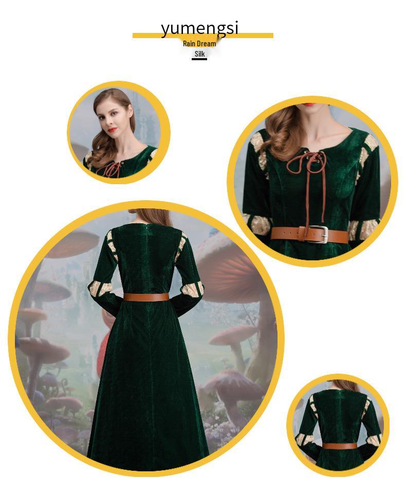 Women's Brave Merida Green Court Long Dress Halloween Cosplay Costume