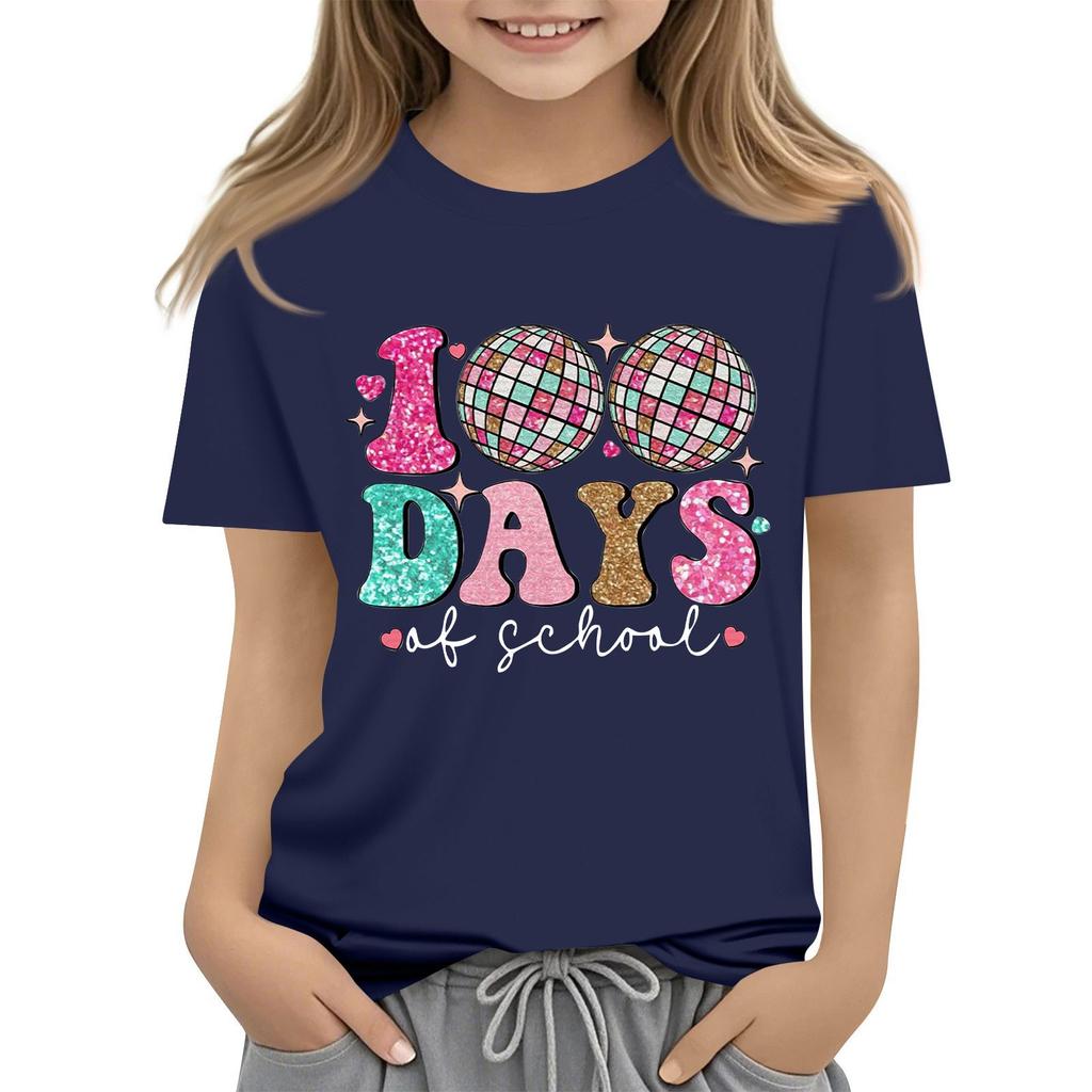 Happy 100th Day Of School Girls Boys Short Sleeve T Shirts Kids Tops Crewneck Tees