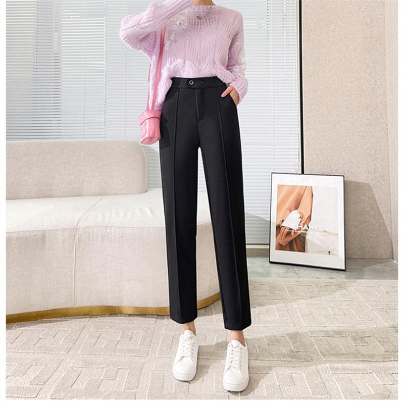 Осенне-зимние модные утепленные повседневные брюки в стиле Харадзюку, свободные брюки с высокой талией, корейские тонкие женские шерстяные брюки-карандаш