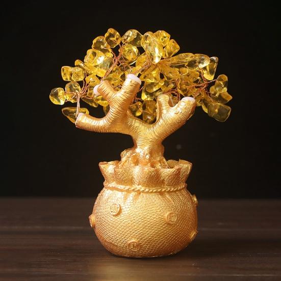 Golden Money Tree Ornament Bring Good Luck Fortune Lucky Bag Tree Resin Figurine Statue Sculpture Home Office Desktop Fengshui Decoration