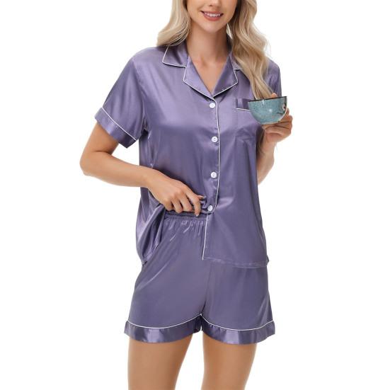 2 Pcs/Set Pajamas Suit Satin Single-breasted Cardigan Shirt V Neck Notch Collar Solid Color Shirt