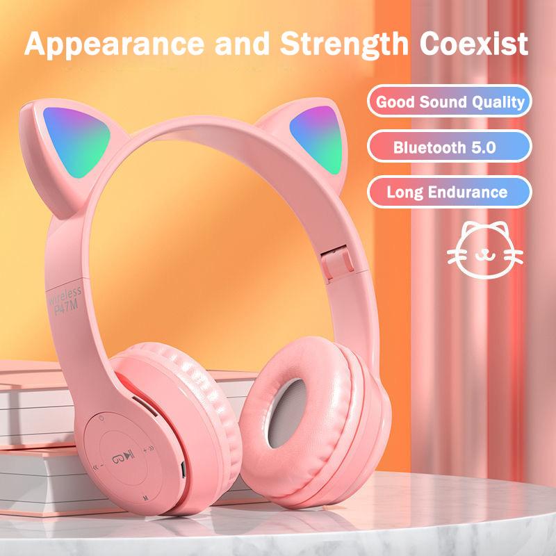 Wireless Bluetooth Headphones Cute Cat Ear Audio Stereo Sports Gaming Headset With Mic LED Lights Girl Earphone P47M
