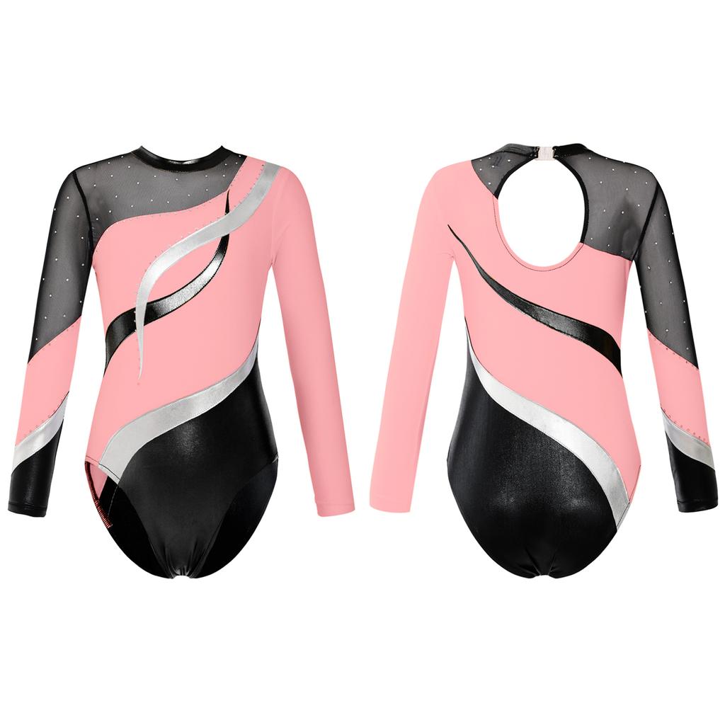 Kids Girls One Piece Leotard Shiny Rhinestone Decorated Gymnastics Jumpsuit Practice Outfits