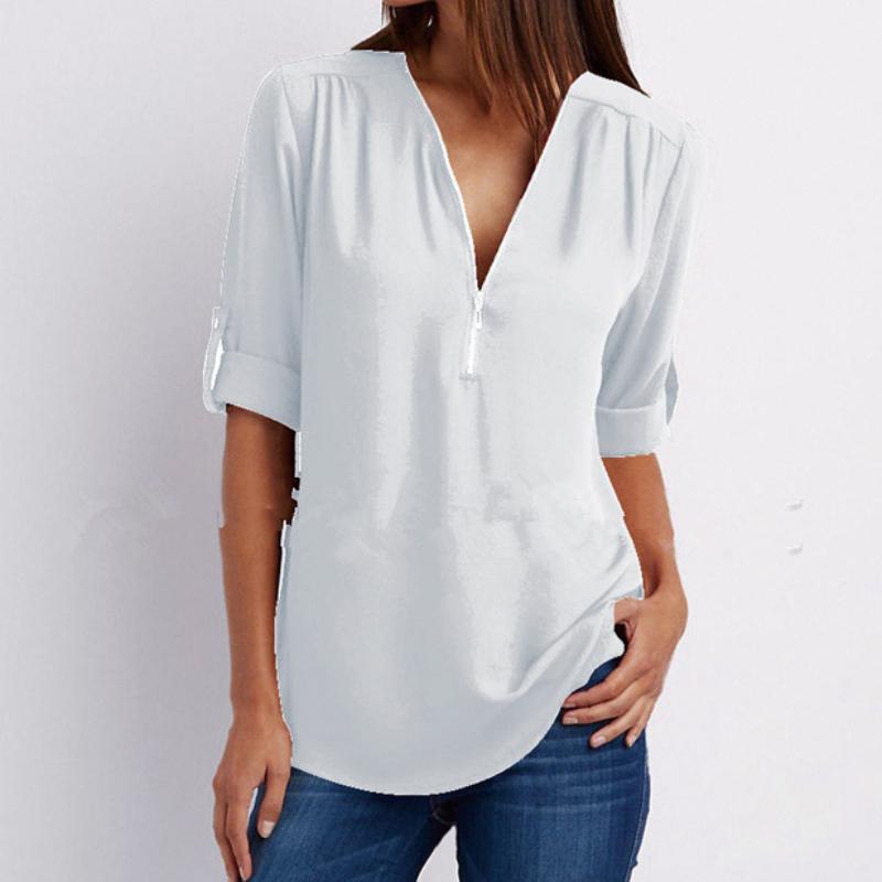 Рубашка с v-образным вырезом на молнии, женская футболка большого размера с длинными рукавами, свободная шифоновая рубашка