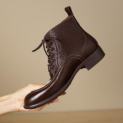 Мода НОВЫЕ Осенне-зимние женские ботинки Обувь из натуральной кожи для женщин Круглый носок Массивный каблук Ботинки на шнуровке Ботильоны Черные Современные ботинки