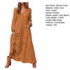 Women Bohemian Cotton Linen Dress Oversized V-neck Long Sleeve Swing Dress Pleated Ruffle Tiered Flowy Long Dress