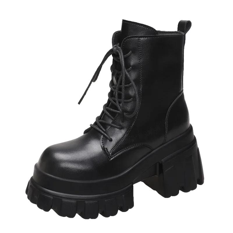 Fashion Lace Up Women High Platform Ankle Boots 2024 Winter Thick Sole Motorcycle Boots 9.5CM Heels Chunky Leather Sneakers Woman Shoes