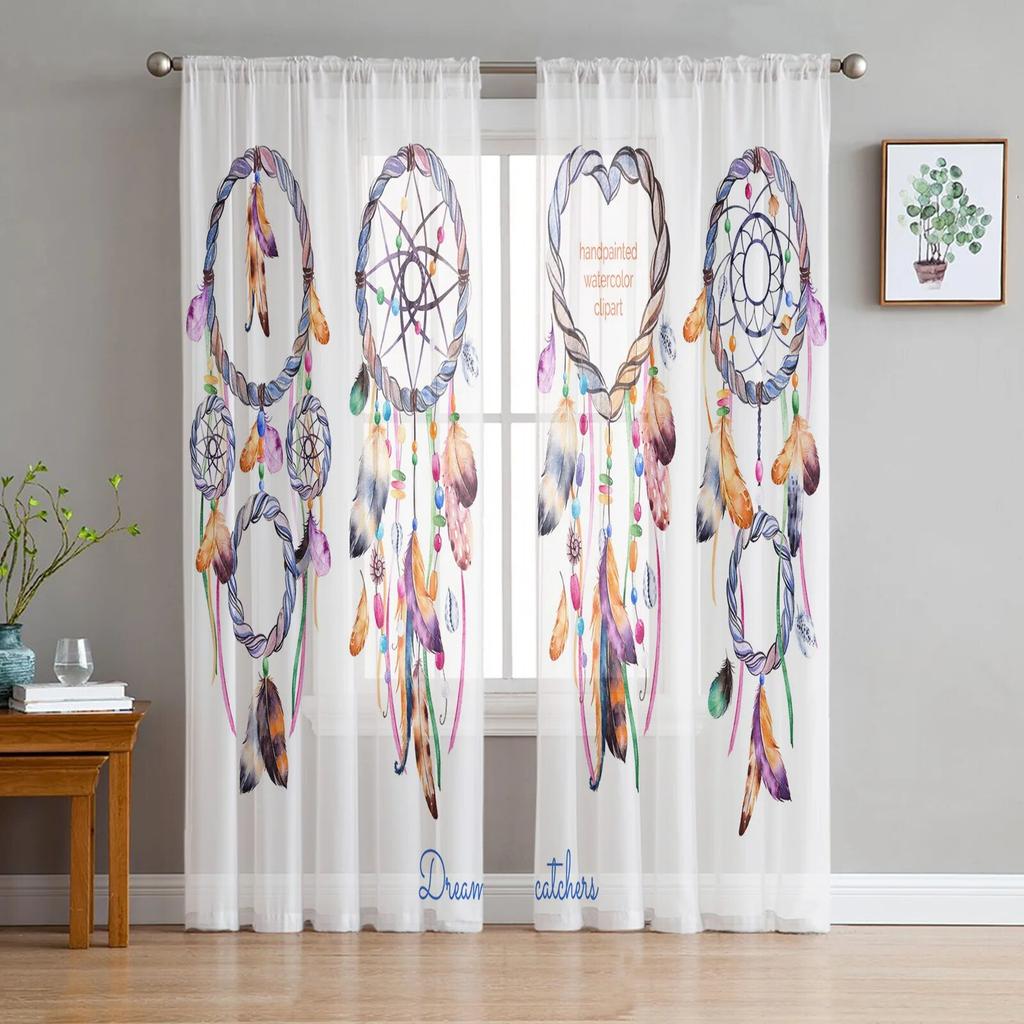 Dream Catcher Watercolor Feather Pattern Modern Tulle Curtains for Living Room Bedroom Home Kitchen Window Sheer Curtains